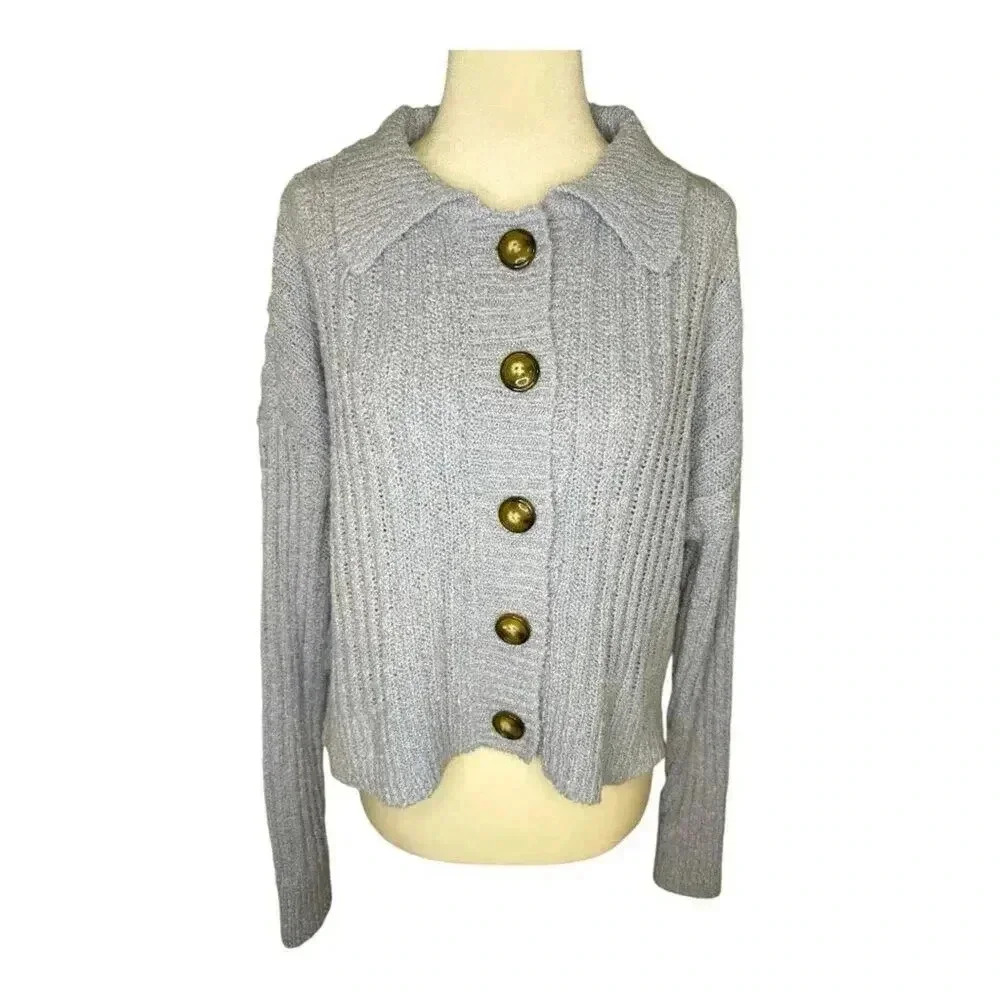 NEW Hippie Rose Women's Blue Collared Cardigan Sweater Size Medium NWT
